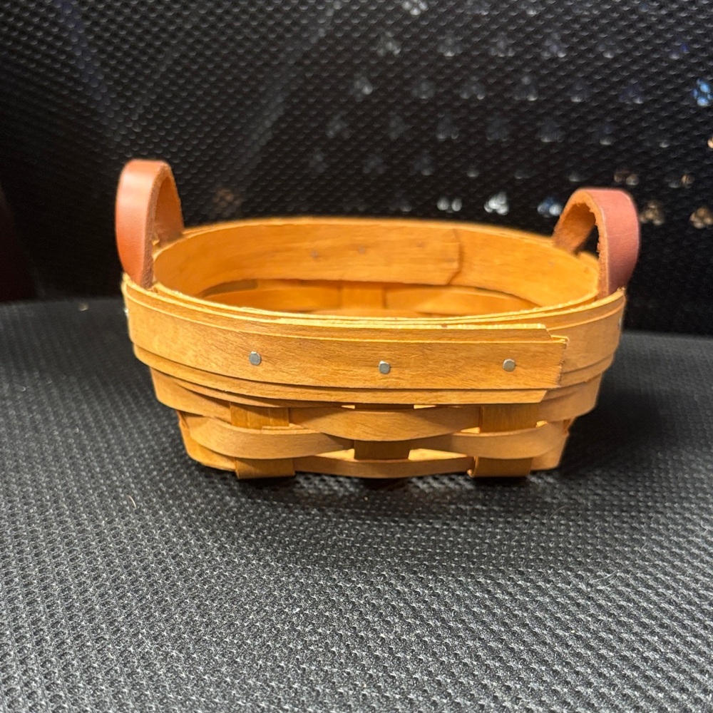 Small Woven Wooden Basket with Leather Handles - Tan